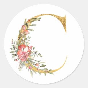 Goldener Buchstabe C mit Blumen Runder Aufkleber