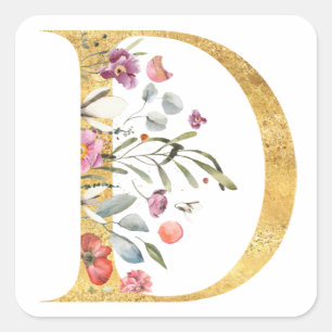 Goldener Buchstabe D mit Blumen Quadratischer Aufkleber