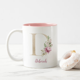 Goldener Buchstabe D, Monogramm D, Rosa Blumen-Ges Zweifarbige Tasse