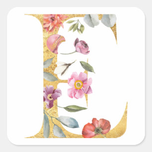 Goldener Buchstabe E mit Blumen Quadratischer Aufkleber