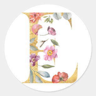Goldener Buchstabe E mit Blumen Runder Aufkleber