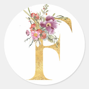 Goldener Buchstabe F mit Blumen Runder Aufkleber