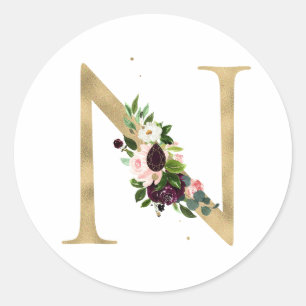 Goldener Buchstabe MONOGRAMM Boho-Burgunderblumen Runder Aufkleber