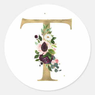 Goldener Buchstabe MONOGRAMM boho burgundy Blume C Runder Aufkleber