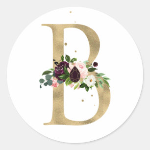 Goldener Buchstabe MONOGRAMM boho burgundy Blume Runder Aufkleber
