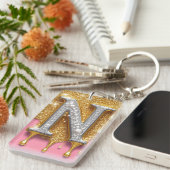 Goldener Buchstabe N Initiale Diamant Rosa Hinterg Schlüsselanhänger (Vorderseite rechts)