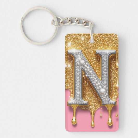 Goldener Buchstabe N Initiale Diamant Rosa Hinterg Schlüsselanhänger (Vorderseite)