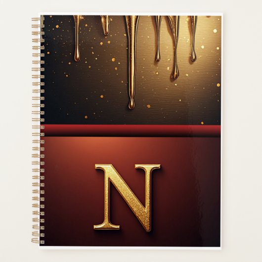 Goldener Buchstabe N Monogramm mit tropfender Meta Planer (Vorderseite)