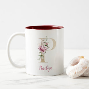 Goldener Buchstabe P, Monogramm P, Rosa Blumen-Ges Zweifarbige Tasse