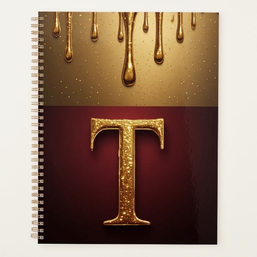 Goldener Buchstabe T Monogramm mit tropfender Meta Planer (Vorderseite)