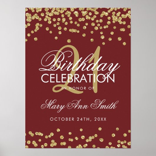 Goldener Burgund Glitzer Confetti 21. Geburtstag Poster (Vorne)