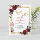 Goldener Burgundbrunch mit Blumenmuster und Bubbly Einladung (Stehend Vorderseite)