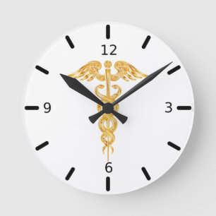 Goldener Caduceus auf weißer runder Uhr