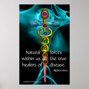 GOLDENER CADUCEUS UND 7 CHAKREN IN BLauer FRAKTALE Poster