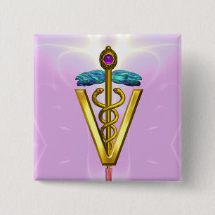 GOLDENER CADUCEUS-VETERINÄRsymbol/Rosa-Weiß Button