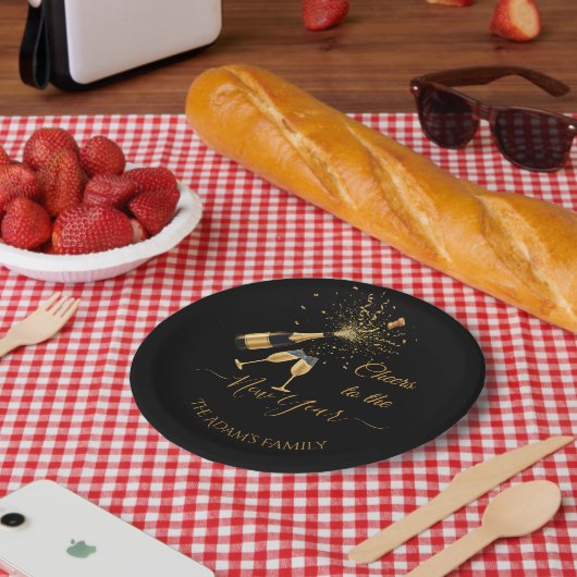 Goldener Champagner Prost Neujahr Pappteller (Picknick)