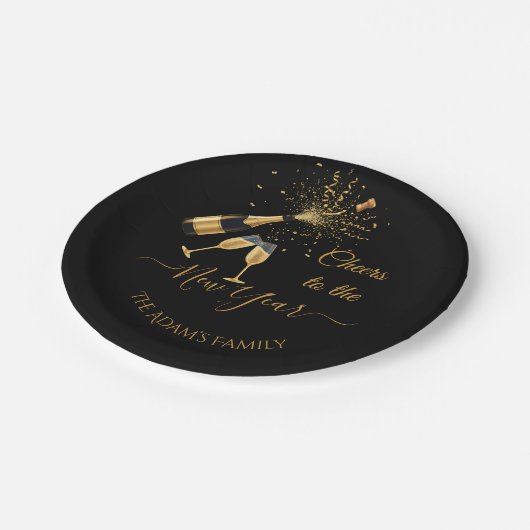 Goldener Champagner Prost Neujahr Pappteller (Schrägansicht)