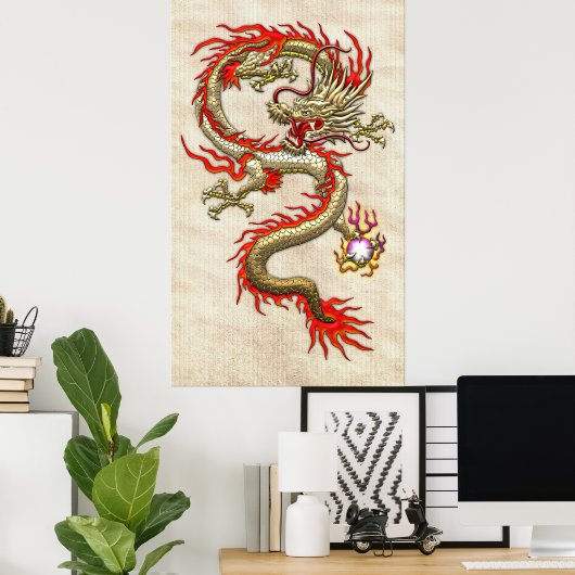 Goldener chinesischer Drache Fucanglong auf Reißpa Poster (Heimbüro)