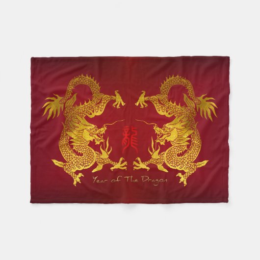 Goldener chinesischer Drache mit altem Ideogramm F Fleecedecke (Vorderseite (Horizontal))