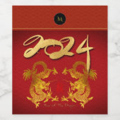 Goldener chinesischer Drache mit alter Ideogramm M Weinetikett (Einzelnes Label)
