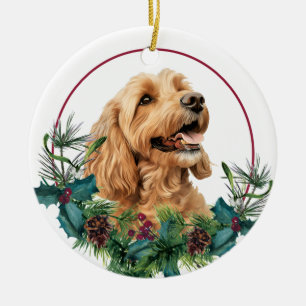 Goldener Cockapoo-Hund Immergrüner Kranz Keramik Ornament