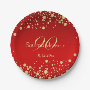 Goldener Confetti auf Rot 90. Geburtstag Pappteller