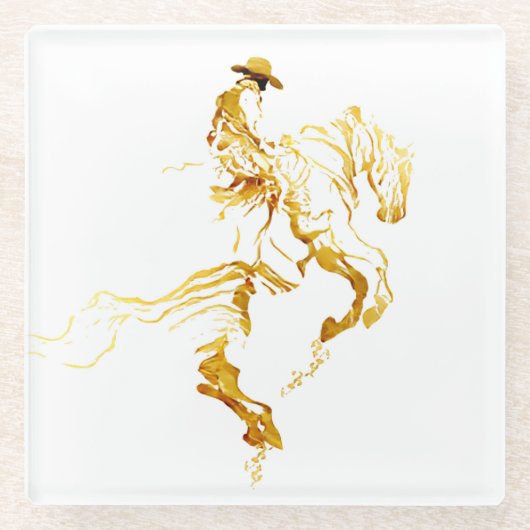 Goldener Cowboy auf aufbäumendem Pferd Glasuntersetzer (Vorderseite)