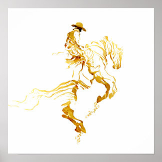 Goldener Cowboy auf aufbäumendem Pferd Poster