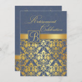 Goldener Damast auf blauem monogramm Einladung (Vorne/Hinten)