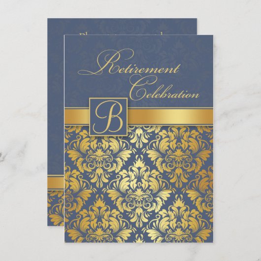 Goldener Damast auf blauem monogramm Einladung (Vorne/Hinten)