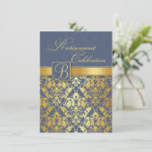 Goldener Damast auf blauem monogramm Einladung (Stehend Vorderseite)