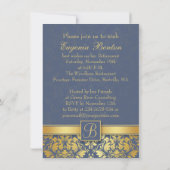 Goldener Damast auf blauem monogramm Einladung (Rückseite)