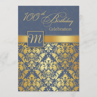 Goldener Damast auf blauer 100. Geburtstagsparty E Einladung