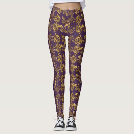 Goldener Damast, Blumendruck wirbelnd auf lila Leggings (Vorderseite)