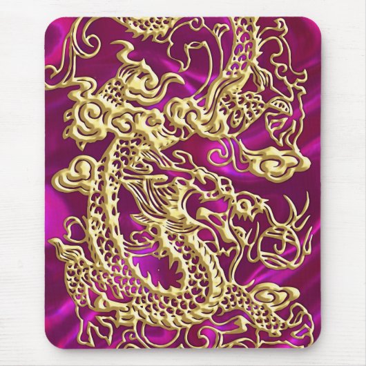 Goldener Drache auf Magenta Satin Mousepad (Vorne)