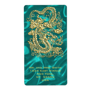 Goldener Drache auf Türkis Satin Print