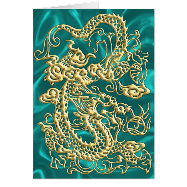 Goldener Drache auf Türkis Satin Print (Vorne)
