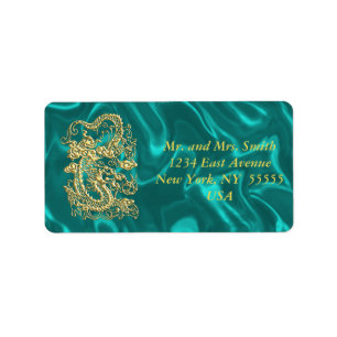 Goldener Drache auf Türkis Satin Print Adressaufkleber