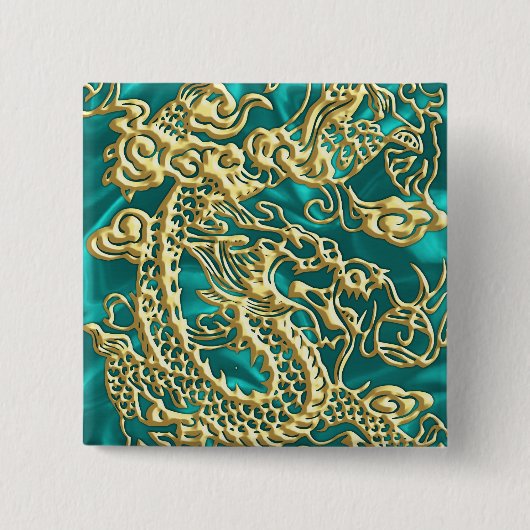 Goldener Drache auf Türkis Satin Print Button (Vorderseite)