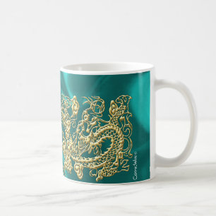 Goldener Drache auf Türkis Satin Print Kaffeetasse