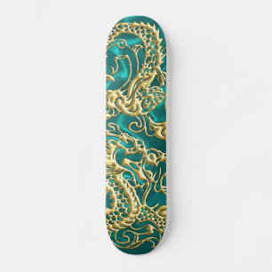 Goldener Drache auf Türkis Satin Print Skateboard
