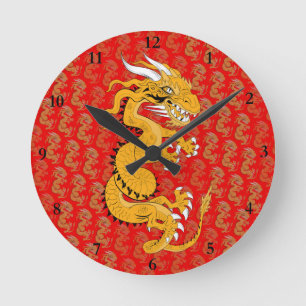 Goldener Drache in Rot Runde Wanduhr