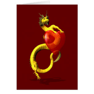 Goldener Drache mit großem rotem Herzen