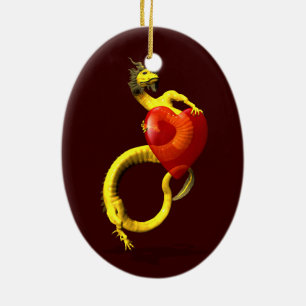 Goldener Drache mit großem rotem Herzen Keramikornament