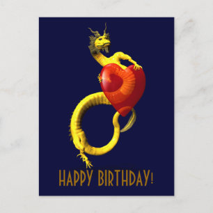 Goldener Drache mit großem rotem Herzen Postkarte