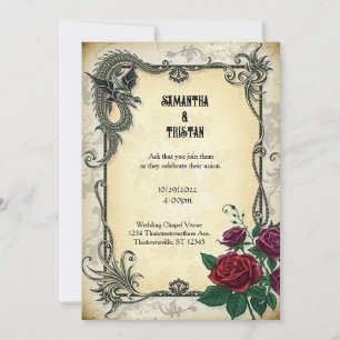 Goldener Drache mit Rosen Steampunk Vintage-Hochze Einladung