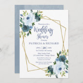 Goldener Dusty Blue Floral Polterabend Einladung (Vorne/Hinten)