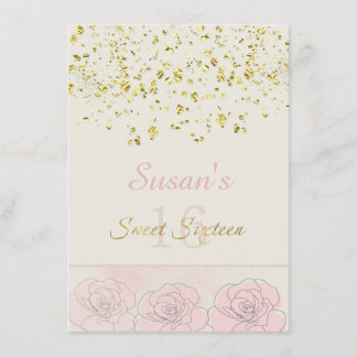 Goldener Effekt Confetti, rosa Rosen Süß 16 Einladung