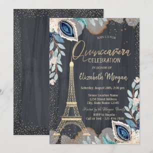 Goldener Eiffelturm, Blumen, Schwarze Quinceañera Einladung