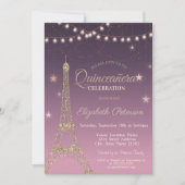 Goldener Eiffelturm, Burgund Quinceañera, Glitzer Einladung (Vorderseite)